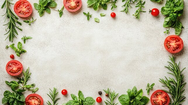 Fresh herbs and tomatoes arranged in a border on a light gray surface.