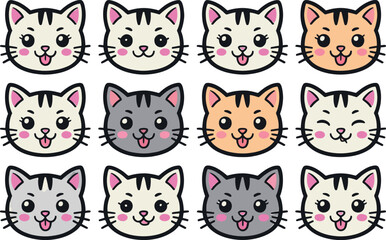 Collection of cute kawaii cat faces with different expressions and colors
