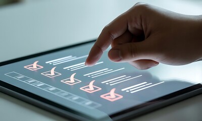 Finger Tapping Digital Tablet with Orange Checklist Graphic on Bright Screen