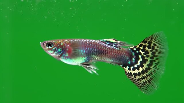 Colorful Guppy Fish with Unique Tail Pattern on Green Background