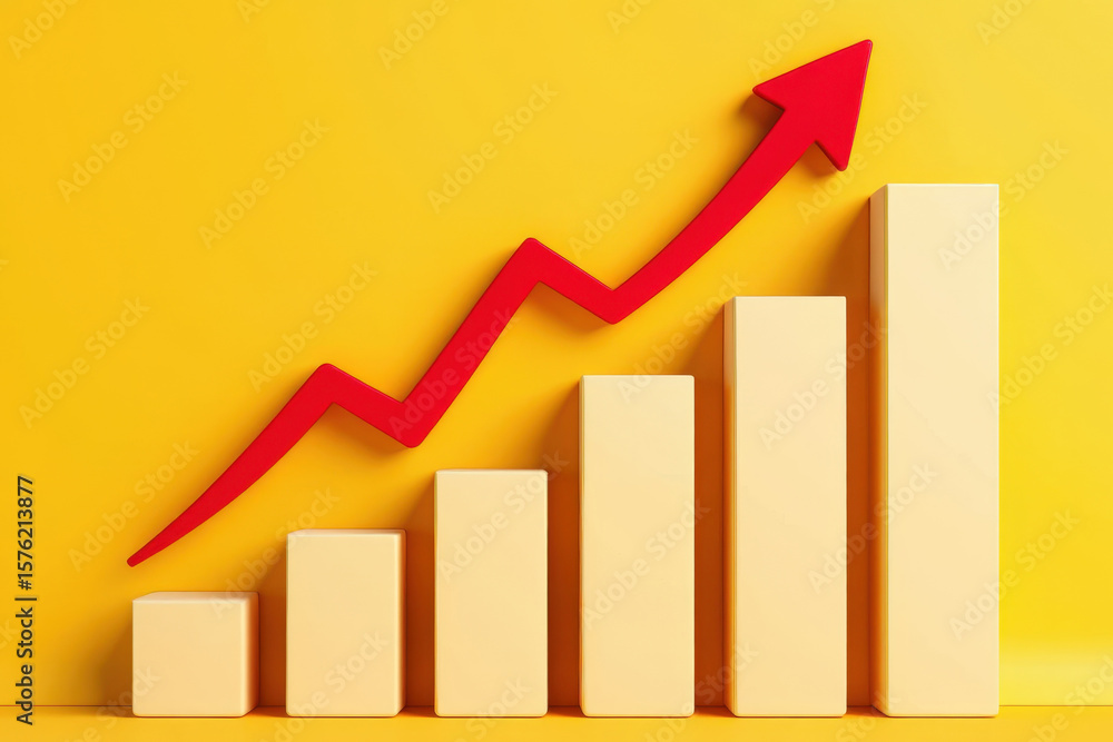 Poster dynamic bar graph with rising arrow symbolizing upward trends and positive growth on a yellow backgr