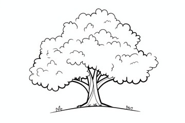 Simple bold line drawing of an adorable oak tree with clouds, grass, and sky, clean and clear doodle style for children’s coloring on white background