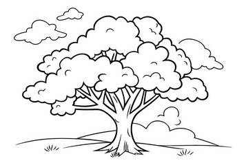 Simple bold line drawing of an adorable oak tree with clouds, grass, and sky, clean and clear doodle style for children’s coloring on white background