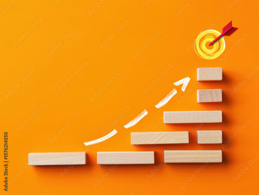 Poster conceptual image of wooden blocks arranged as steps leading to a target with an arrow on an orange b