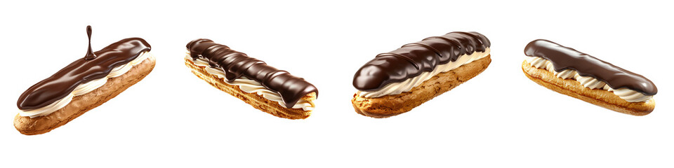 Set of realistic chocolate eclairs with cream filling isolated on transparent background

