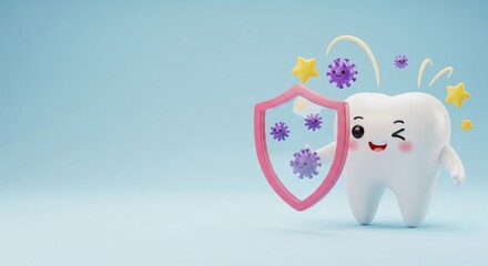 Smiling Tooth Protector: A smiling tooth, holding a shield against a backdrop of microscopic viruses, illustrates the concept of oral hygiene, good health, and dental care, set against a clean.
