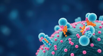 Microscopic World: A detailed 3D render of a virus's surface, showcasing its intricate structure and the complex biology, with focus on medical and scientific concepts.