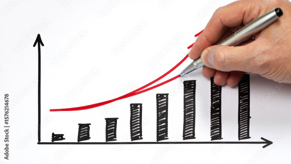 Poster depicting advancement a hand drawing a bar graph with an ascending red line on white paper represent