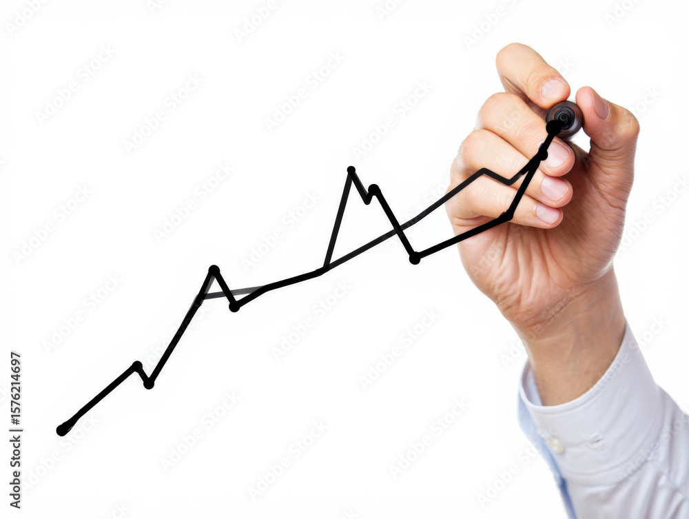 Poster demonstrating improvement a hand drawing an upward trending graph on transparent surface displaying 