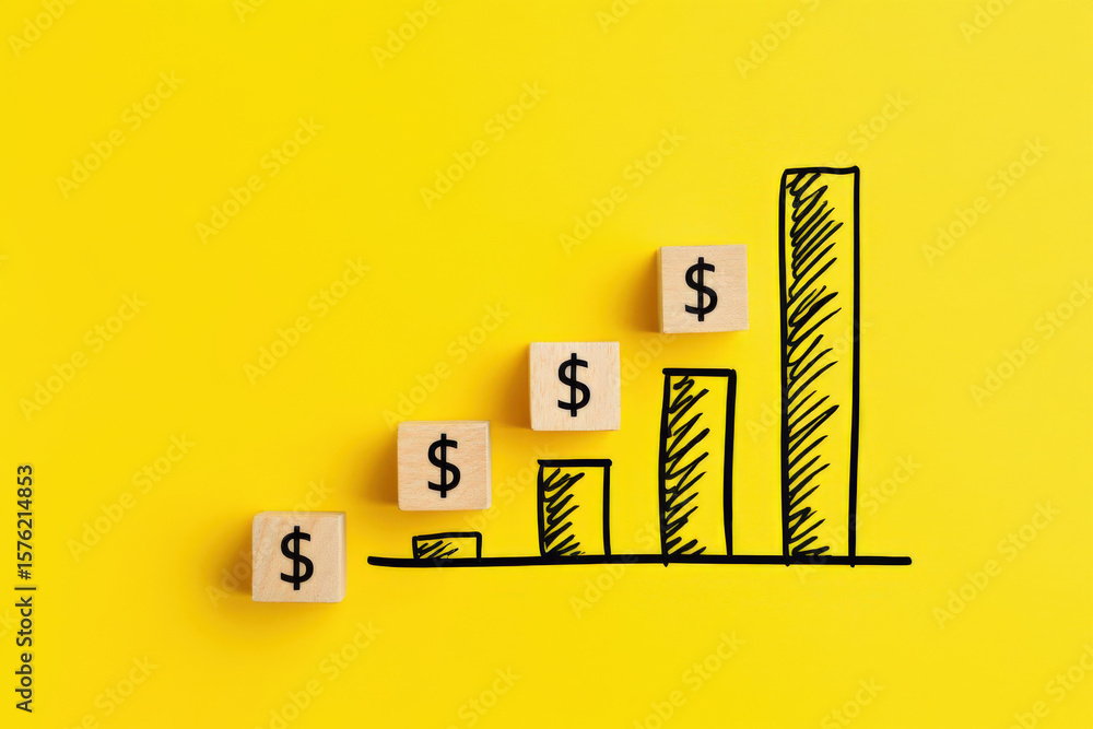 Poster conceptual growth strategy illustration with dollar blocks and rising bar graph on yellow background