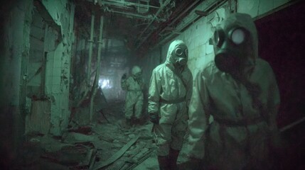 Fototapeta premium Gas Masked Hazmat Crew Probes Decayed Toxic Hallway Under Green Haze