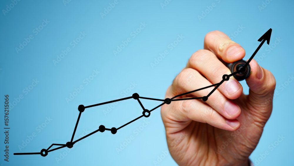 Poster conceptual business growth strategy hand drawing an upward trend line on transparent surface demonst
