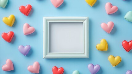 Pastel hearts surround a blank picture frame on a light blue background.