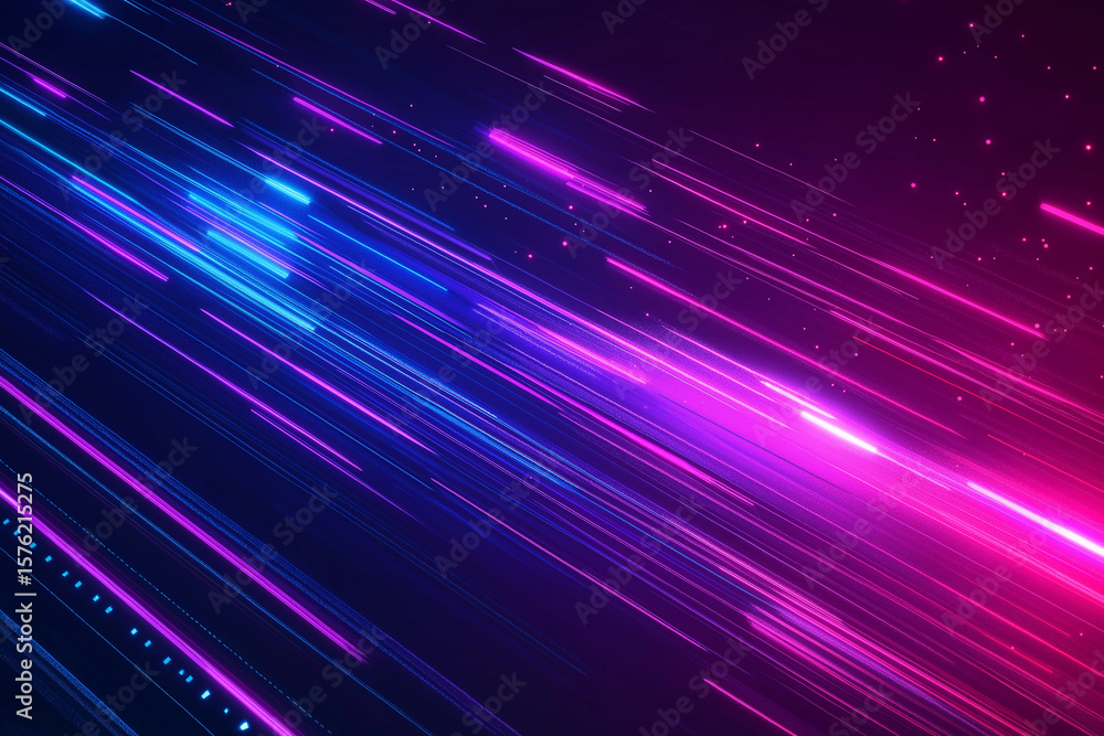Poster abstract diagonal streaks of vibrant neon light on a dark background. a cascade of purple and blue l