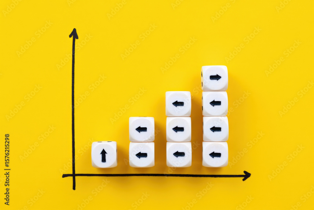 Poster depicting statistical growth a bar graph composed of dice with arrows illustrating upward trends and