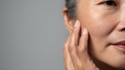 Close up of Asian woman hand gently touching her cheek, showcasing smooth skin and serene expression. image conveys sense of calm and self care