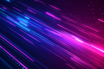 Abstract diagonal streaks of vibrant neon light on a dark background. A cascade of purple and blue lines suggests high-speed connectivity and digital data flow on an abstract plane