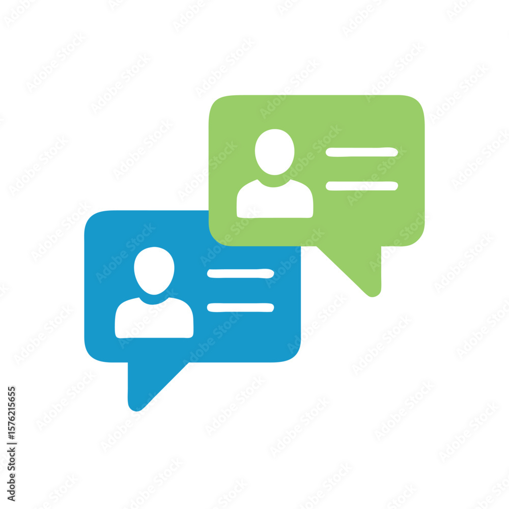 Poster two speech bubbles with human icons lines representing text on a chat communication