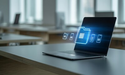 Laptop with Glowing Blue Folder Icon Displayed on Screen in Office