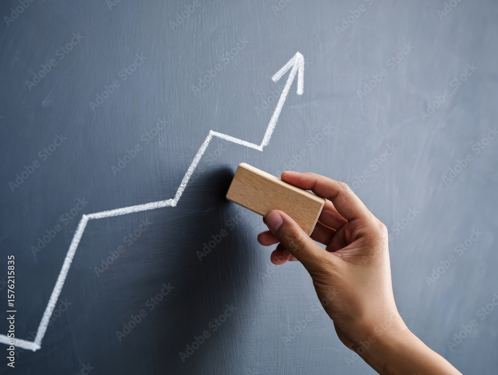 Poster conceptual business growth strategy depicted on chalkboard with hand erasing part of the upward tren