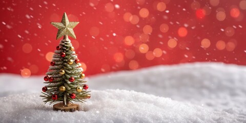 Obraz premium Festive Christmas Tree with Gold Star on Snow, Bokeh Background , Holidays