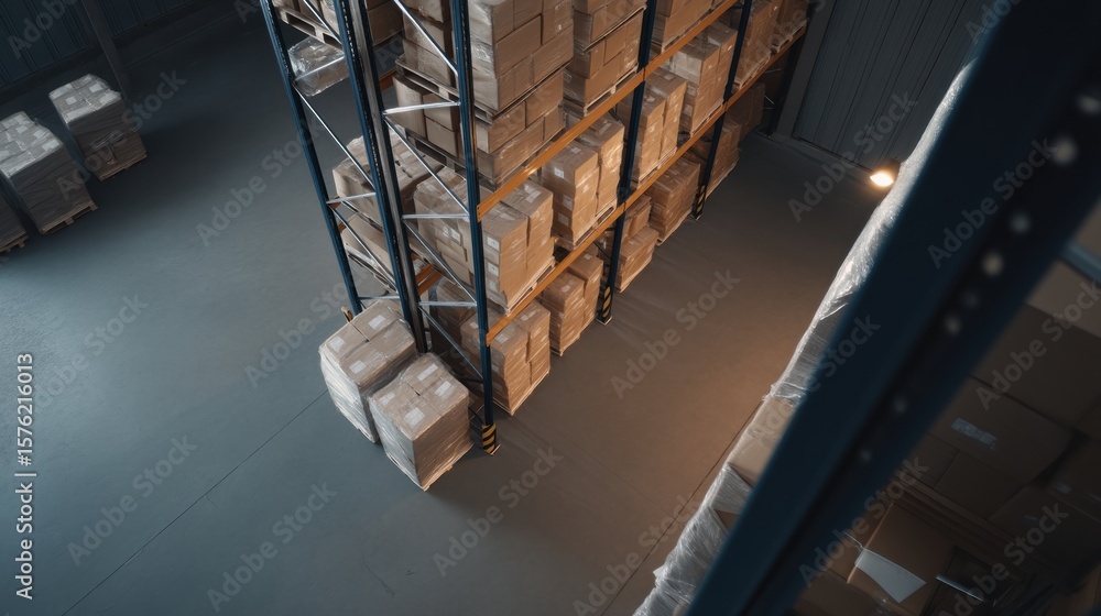 Poster efficient storage system in logistics center showcasing neatly stacked cardboard boxes on metal shel