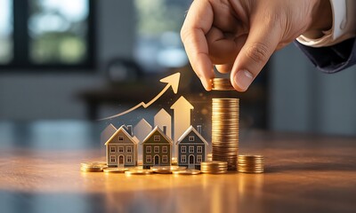 Real Estate Investment Growth Concept. Hand Stacking Coins Near Miniature Houses with Rising Arrow Showing Property Value and Financial Success. Business and Mortgage Strategy Illustration.