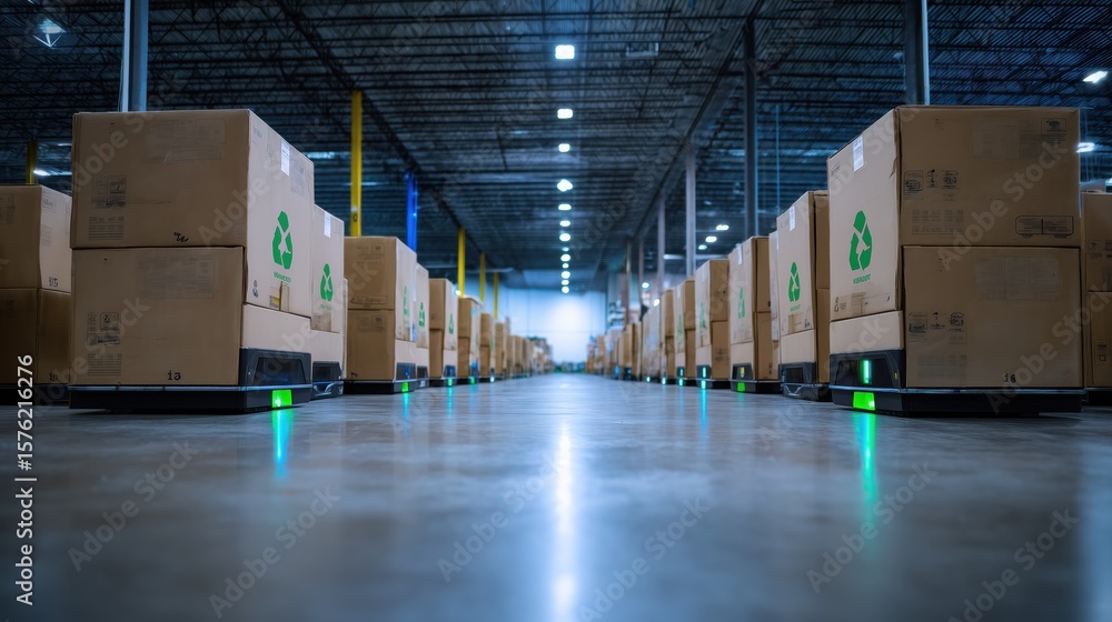 Poster efficient warehouse with rows of cardboard boxes on automated carts, showcasing clean and organized 