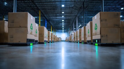 Efficient warehouse with rows of cardboard boxes on automated carts, showcasing clean and organized environment. lighting enhances modern feel of this space