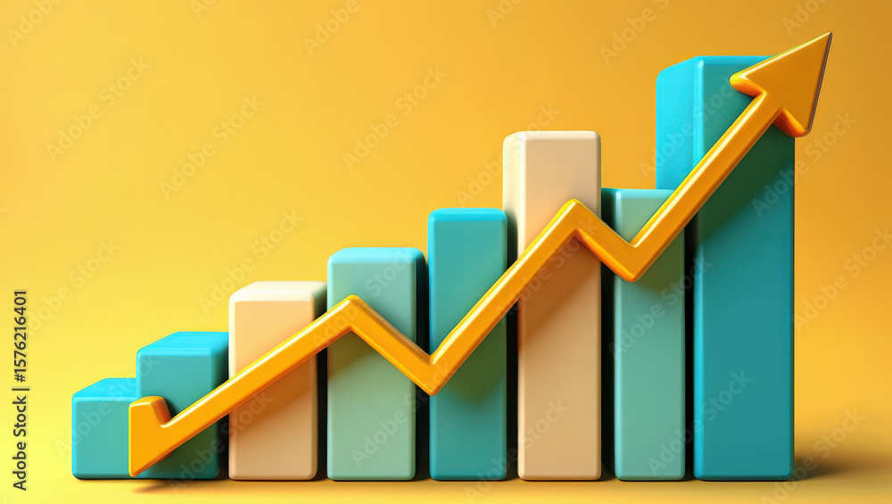 Poster dynamic bar graph with an ascending arrow on a yellow background, illustrating business growth, fina