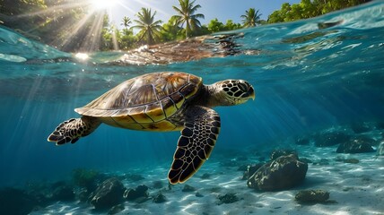 Turtle Swimming Underwater in Sunlit Ocean