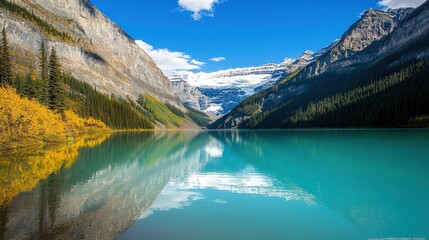 Mountain ridges in cool blues and whites, mirrored on a still lake, creating symmetry for dual text zones,