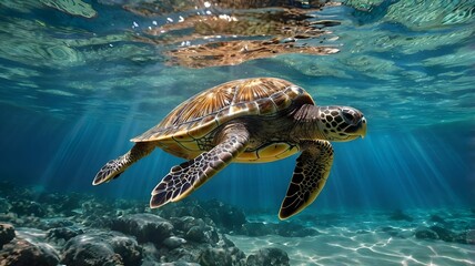 Turtle Swimming Underwater in Sunlit Ocean