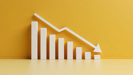 Dramatic Economic Downturn Visualization with a Declining Bar Graph and Arrow on a Vibrant Yellow Background, Illustrating Financial Loss and Market Instability