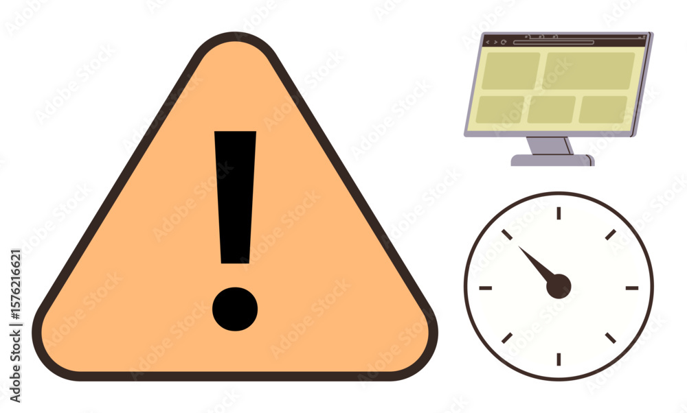 Poster large orange warning triangle with exclamation mark, analog clock, and computer screen. ideal for ca
