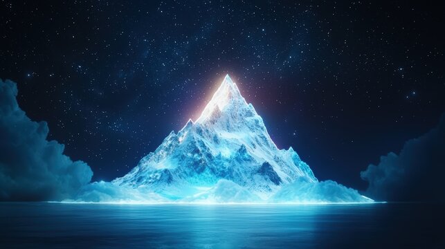 Ethereal mountain outline under a starry night sky, subtle glow effects, and a clean lower-third text area,