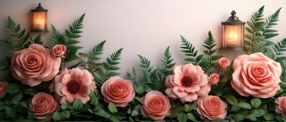 Decorative floral arrangement with roses and lanterns.