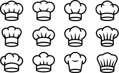 Collection of twelve different chef hat icons in a simple black outline style