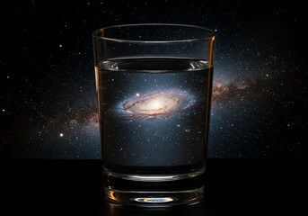 A galaxy, seemingly the Andromeda Galaxy, is digitally composited within a clear glass of water against a stark black background