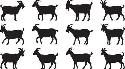 Silhouette Collection of Goats in Various Poses – Farm Animal Vector Icons Set