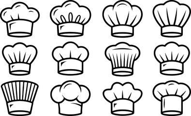 Collection of twelve different chef hat icons in a clean black and white line art style