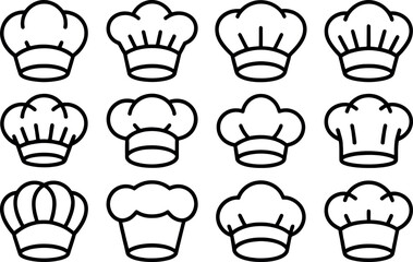 Collection of twelve different black and white chef hat icons arranged in a grid