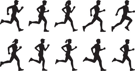 Silhouette Set of Runners in Motion – Vector Icons of People Jogging and Running