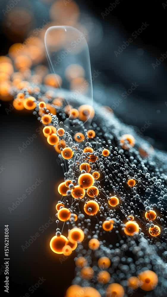 Poster an abstract stream of glowing orange and blue data points flows across a dark surface, symbolizing c