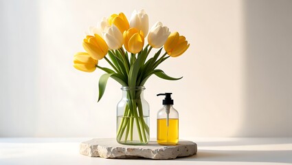 Elegant arrangement of yellow and white tulips in a glass vase with a dispenser bottle