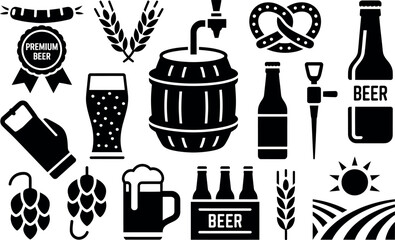 Collection of black and white icons representing beer and related items