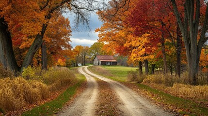 Obraz premium A winding dirt road leads to a rustic cabin surrounded by vibrant autumn trees in a peaceful countryside setting.