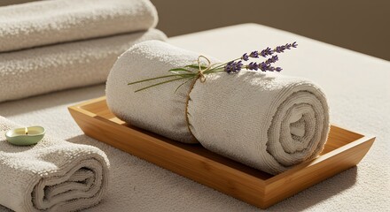 Serene Spa Setting: Rolled Towel with Lavender, Bamboo Tray, and Candles