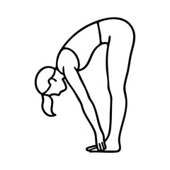 Line art of woman in forward fold yoga pose touching her feet