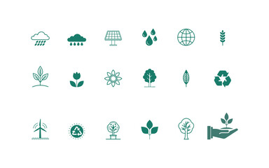 Eco-Friendly Icon Set Featuring Nature, Recycling, and Renewable Energy Symbols
